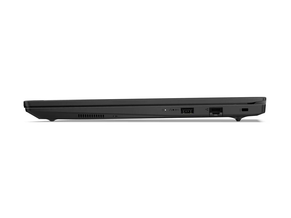 Seitenansicht eines schwarzen Laptops mit dünner Basis, Lüftungsöffnungen und Anschlüssen auf weißem Hintergrund.