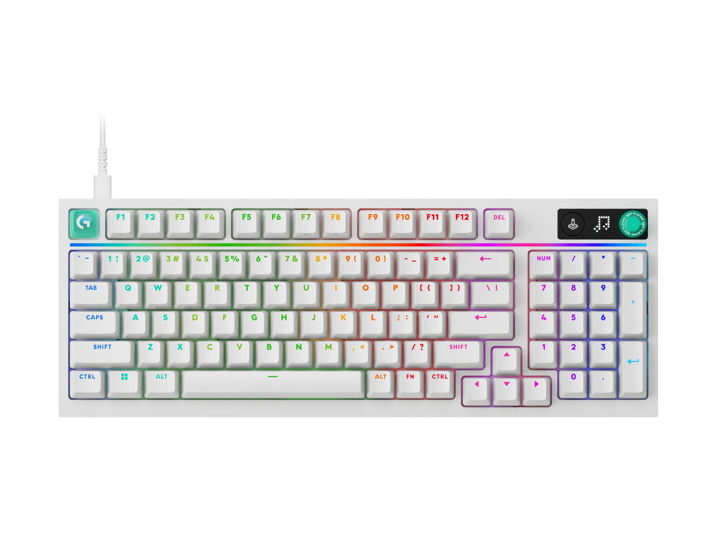 Eine kompakte weiße mechanische Tastatur mit RGB-beleuchteten Tasten und einem Lautstärkeregelrad oben rechts, dargestellt mit angeschlossenem USB-Kabel.