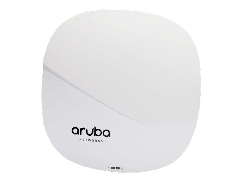 Weiße Aruba Networks Wireless-Zugriffspunkt auf einfachem Hintergrund mit Logo auf der Vorderseite.