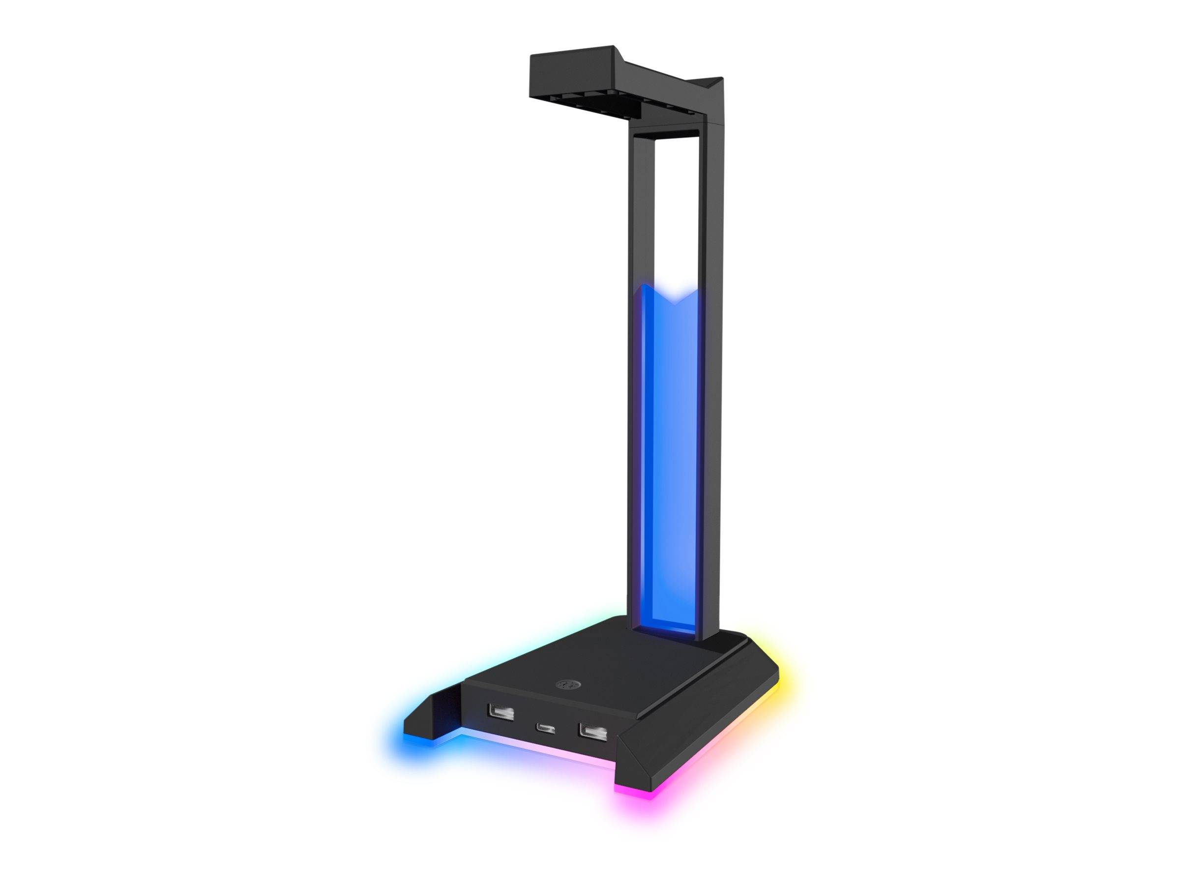 Schwarze vertikale LED-Schreibtischlampe mit rechteckiger Basis und leuchtendem blauen Licht in der mittleren Säule, auf weißem Hintergrund dargestellt.