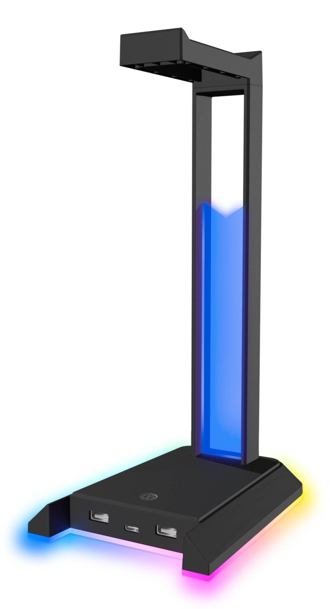 Schwarze Dokumentenkamera oder Scanner auf einem Ständer, dargestellt mit farbenfroher LED-Beleuchtung entlang der Basis und einem blau beleuchteten vertikalen Scanbereich.