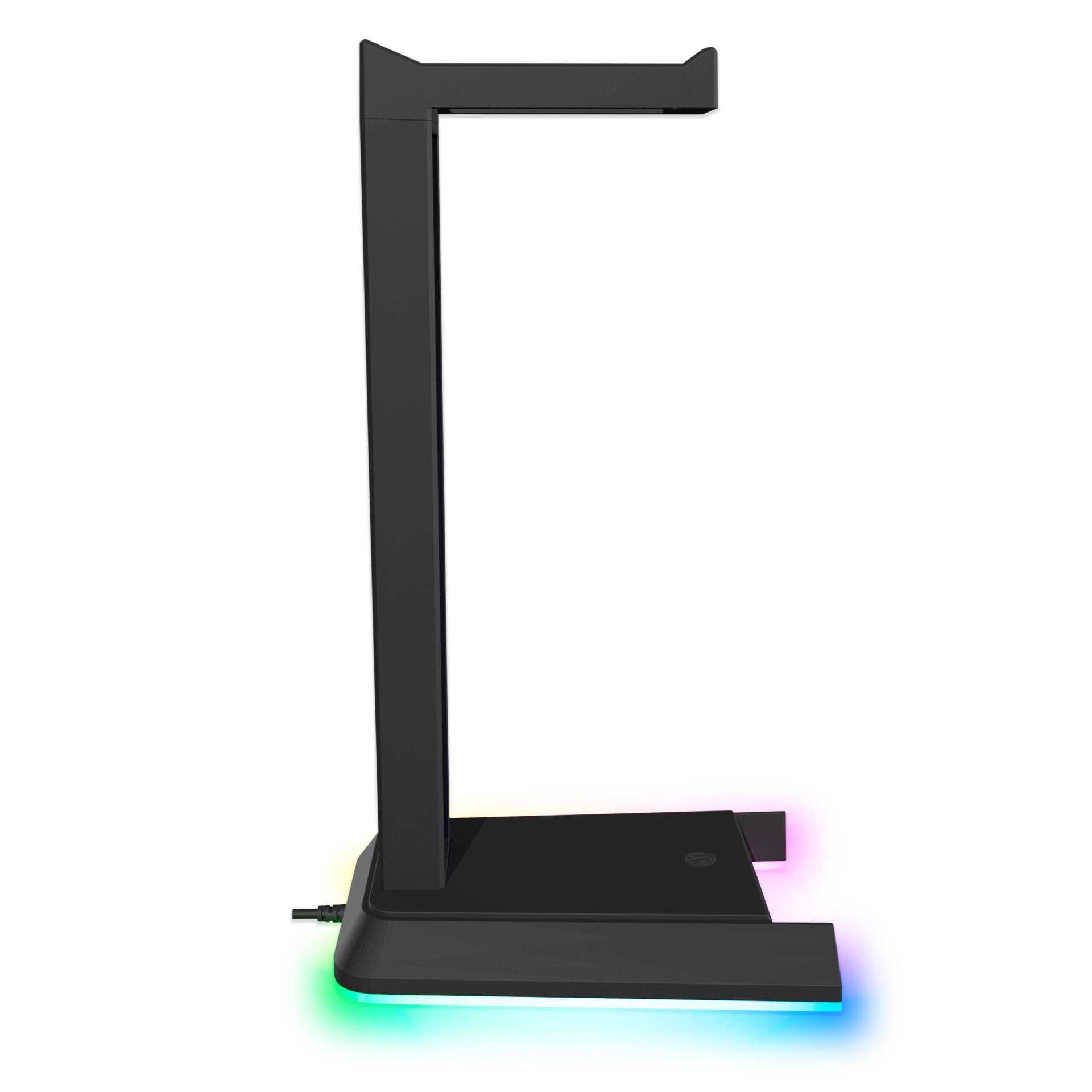 Schwarze Tischleuchte oder Dockingstation mit L-förmigem Arm und leuchtenden RGB-Lichtern an der Basis auf weißem Hintergrund.