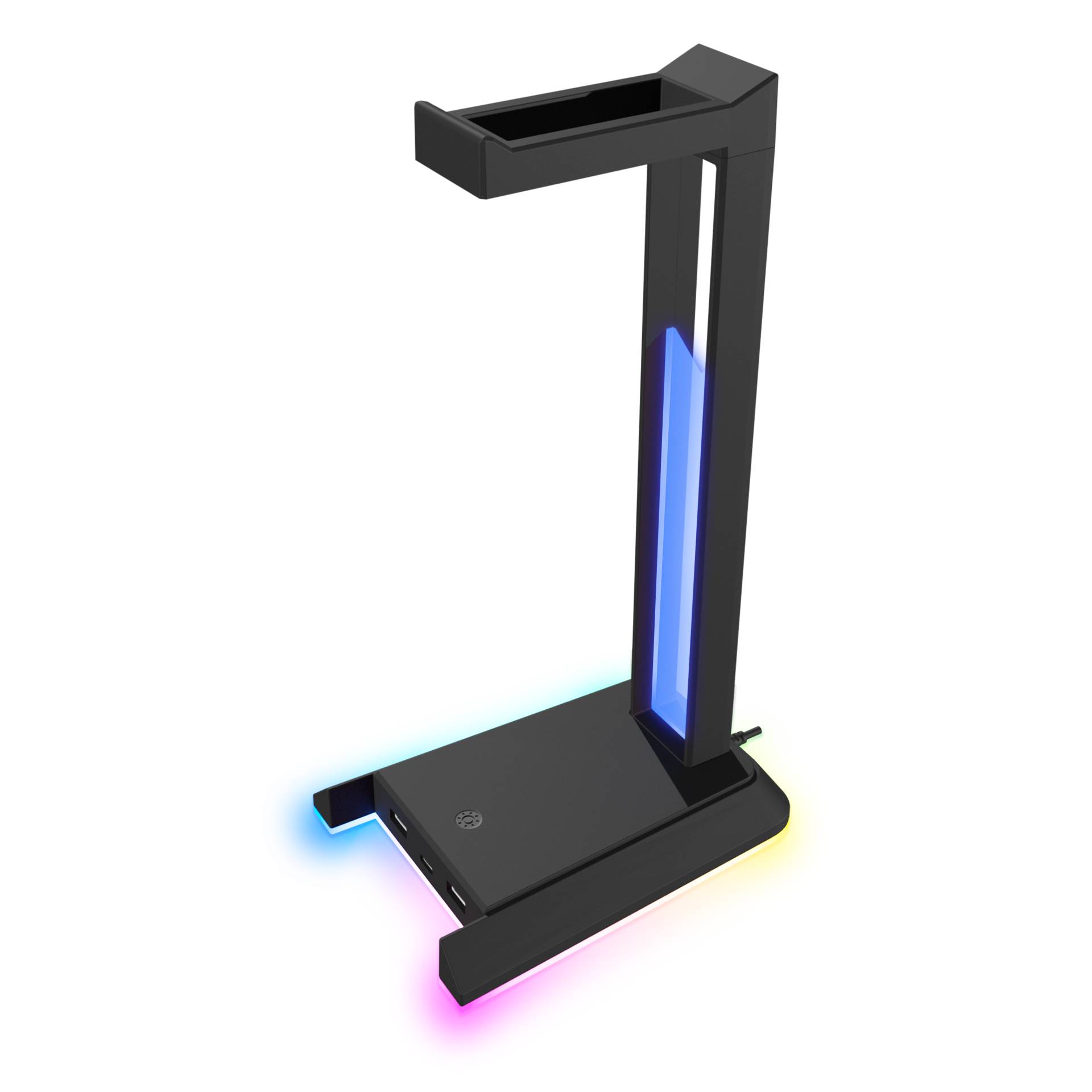 Schwarzes Tischgerät mit vertikalem Arm und leuchtender blauer Lichtleiste, plus mehrfarbigen LED-Akzenten rund um die Basis, auf weißem Hintergrund gezeigt.