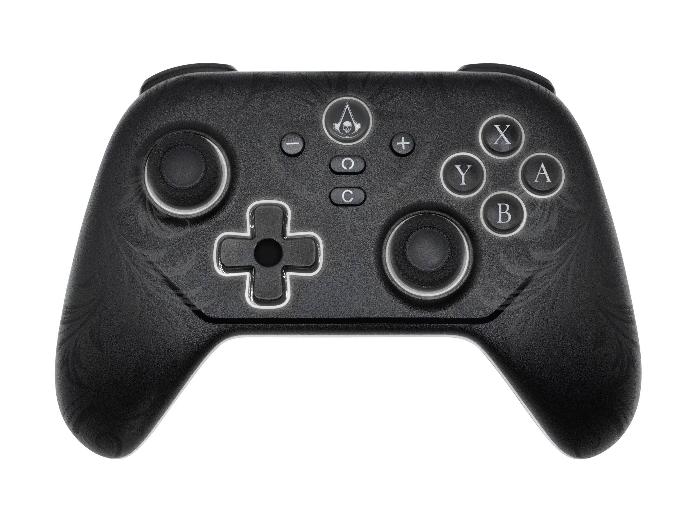 Schwarzer kabelloser Spielecontroller mit dualen Analog-Sticks, D-Pad und beschrifteten A/B/X/Y-Tasten auf weißem Hintergrund.