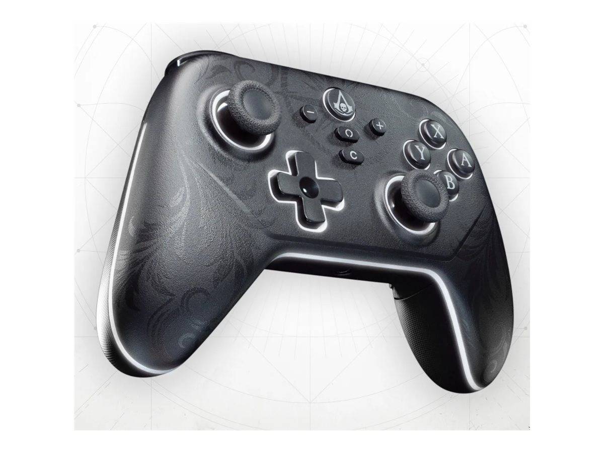 Schwarzer kabelloser Spielcontroller mit Dual-Analog-Sticks, D-Pad, ABXY-Tasten und zentraler Einschaltknopf auf hellem Hintergrund