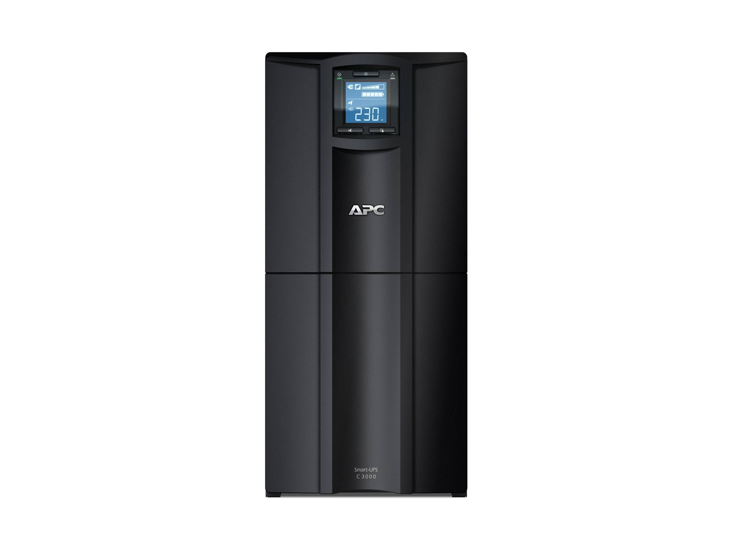 Vorderansicht einer schwarzen APC-USV mit blauem Digitaldisplay, das 230 Volt anzeigt.