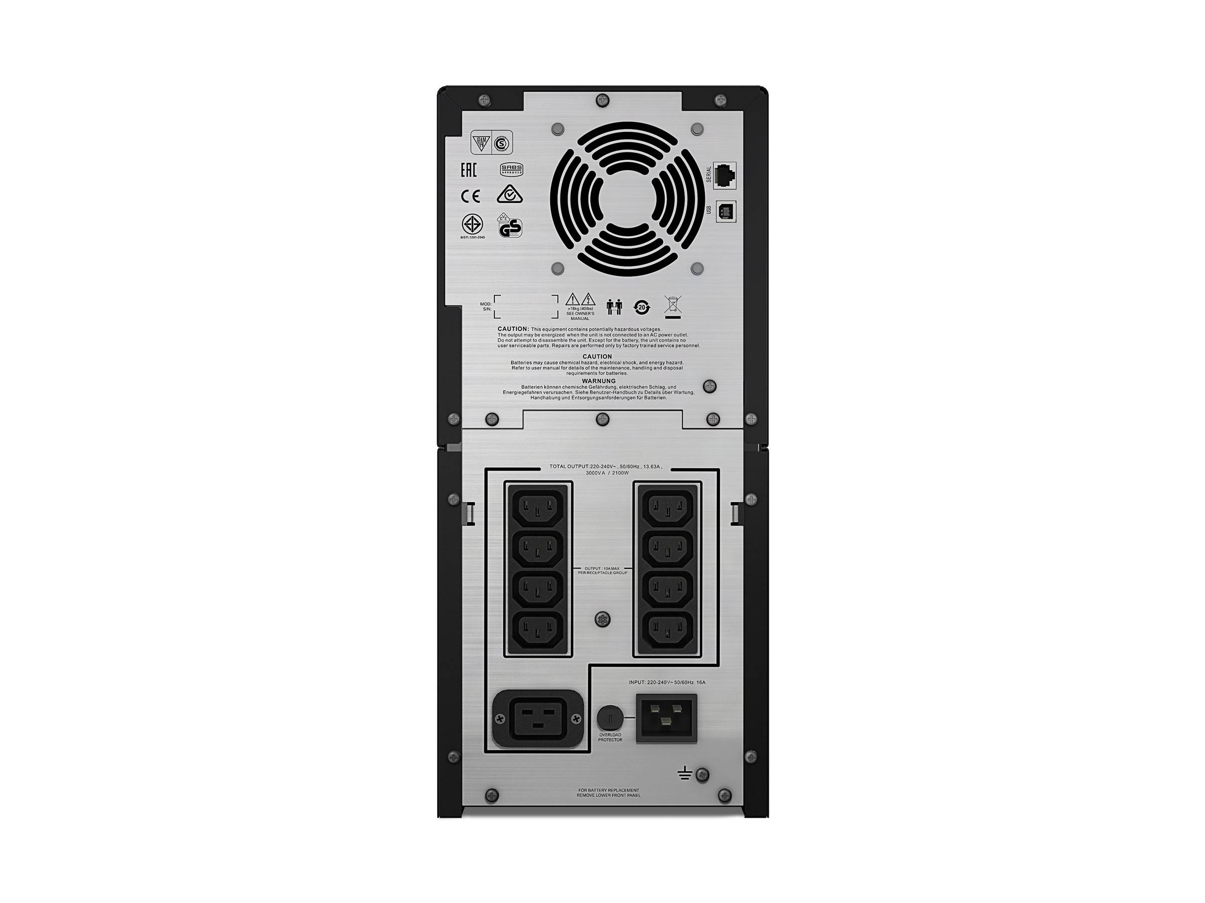 Rückansicht einer Desktop-Computer-Stromversorgungseinheit mit Kühlventilator, Stromanschluss und modularen Steckverbindern.