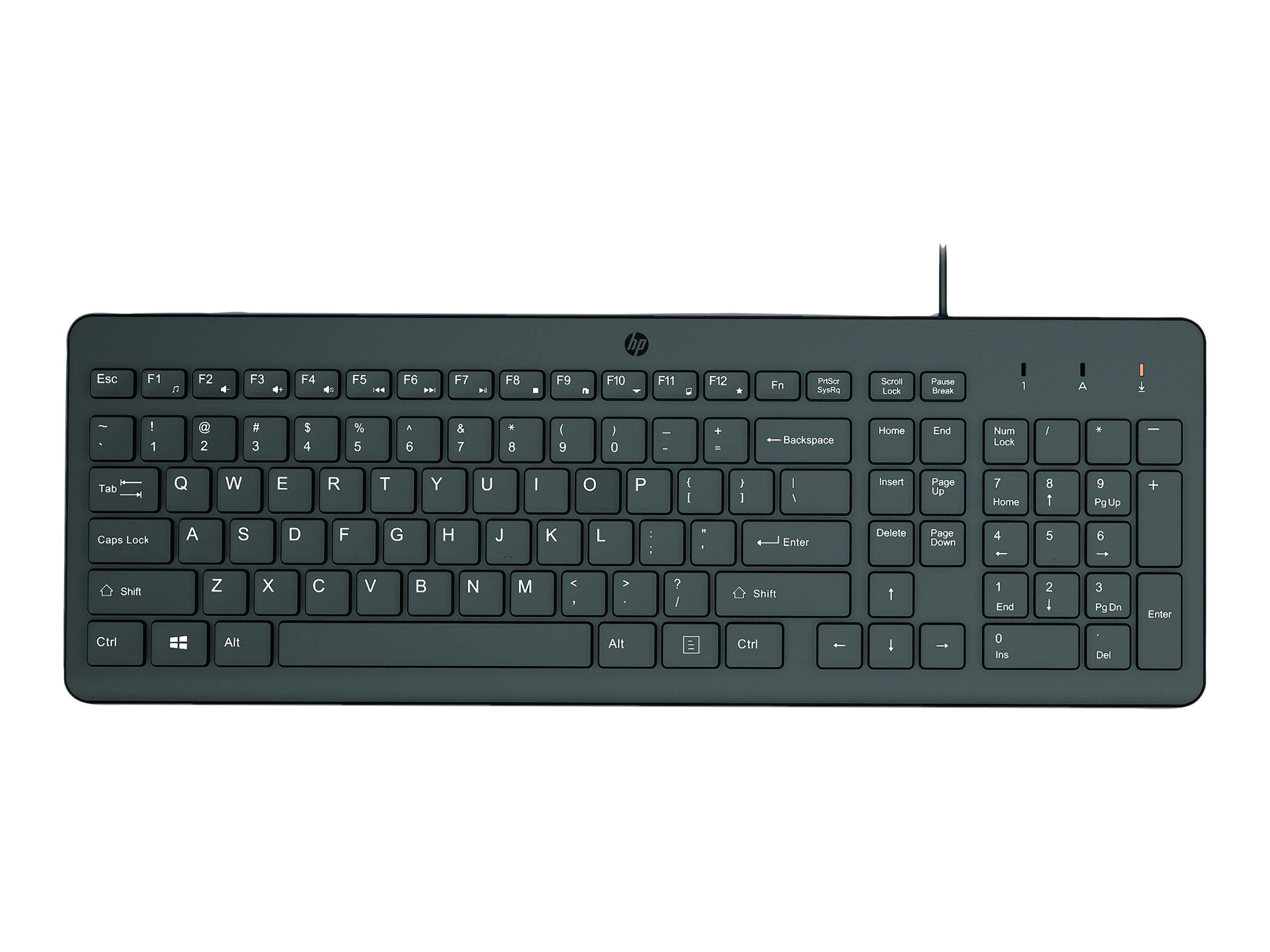 Kabellose HP-Tastatur von oben auf weißem Hintergrund dargestellt, mit Tasten in voller Größe, Zahlenblock und einer Antenne an der oberen Kante.