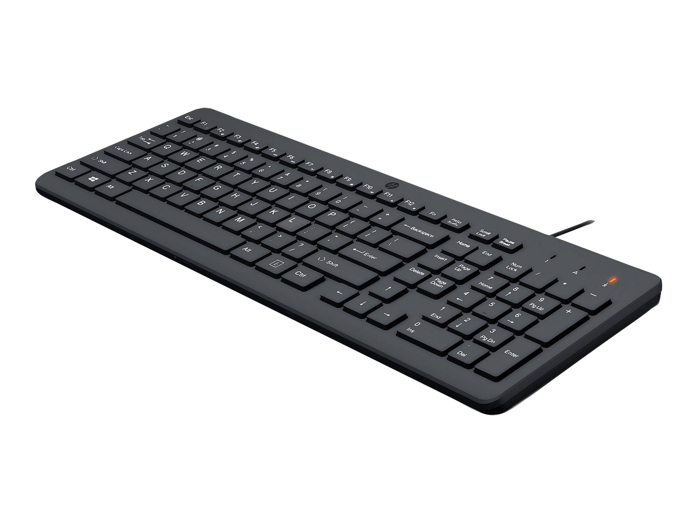 Schwarze kabelgebundene Computertastatur im Winkel auf weißem Hintergrund gezeigt.