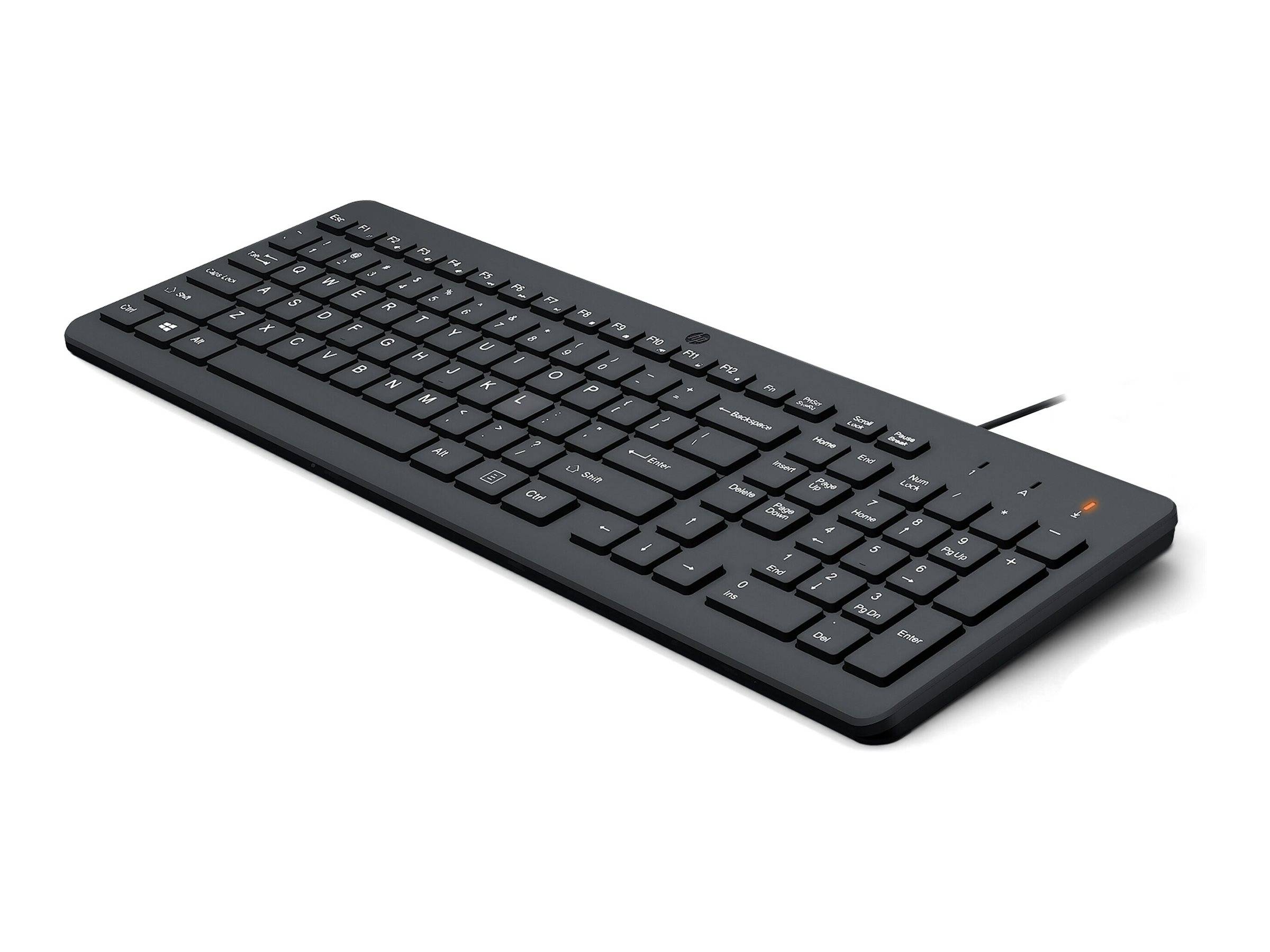Schwarze kabelgebundene Computertastatur in schräger Ansicht auf weißem Hintergrund.