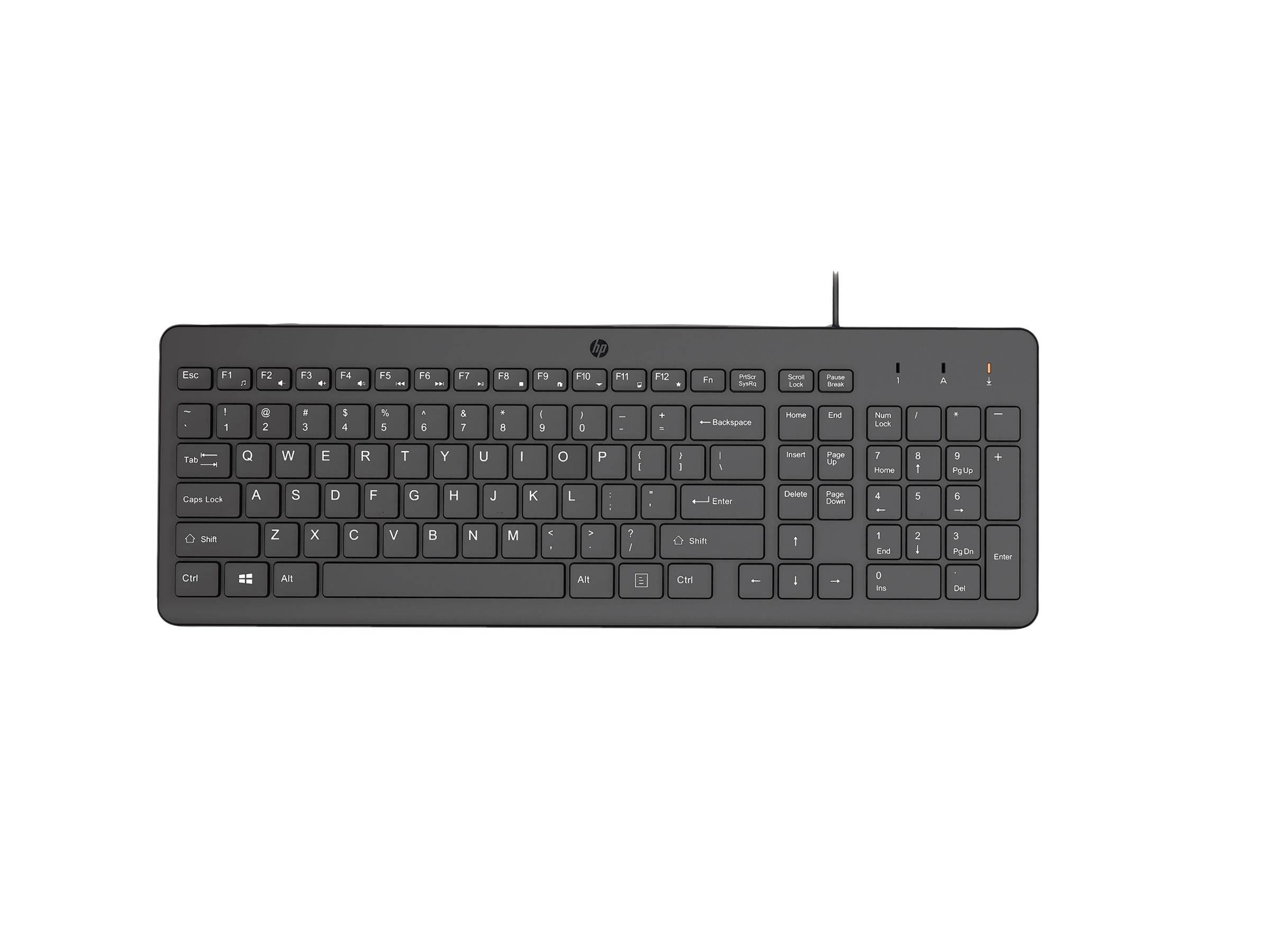 Schwarze kabelgebundene vollständige Computertastatur auf einem einfachen weißen Hintergrund, mit Nummernfeld und USB-Kabel.