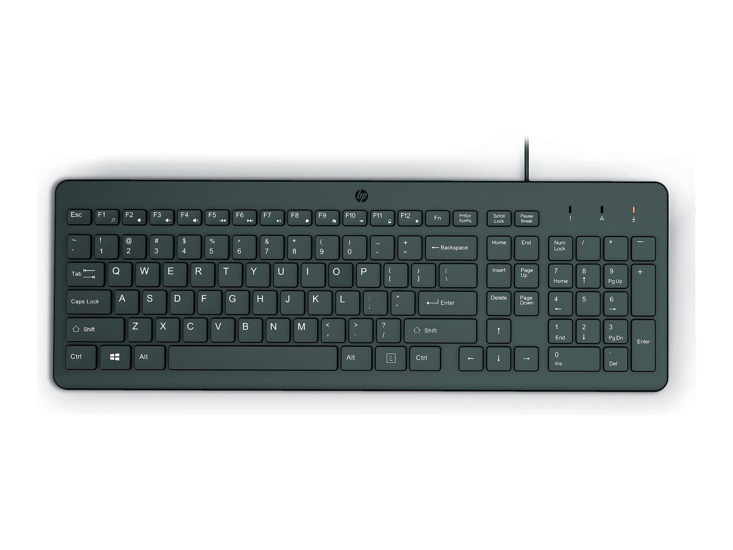 Kompakte dunkelgraue kabelgebundene Tastatur von oben auf weißem Hintergrund gezeigt, mit Vollformat-Layout, Zahlenblock und Statusleuchten oben rechts.