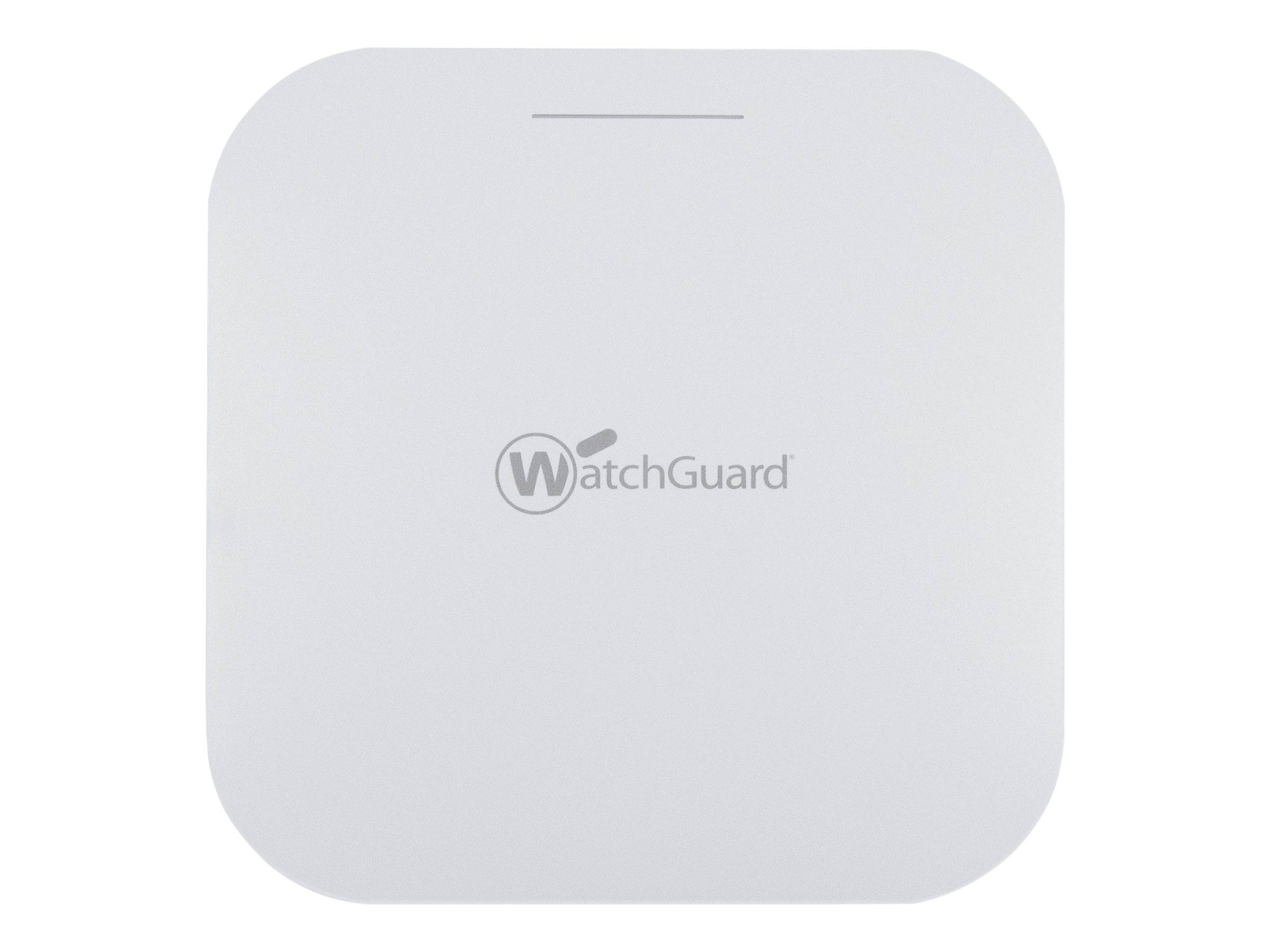 Ein hellgraues quadratisches WatchGuard-Gerät mit abgerundeten Ecken und einem kleinen Schlitz in der Nähe der Oberseite, frontal auf weißem Hintergrund gezeigt.