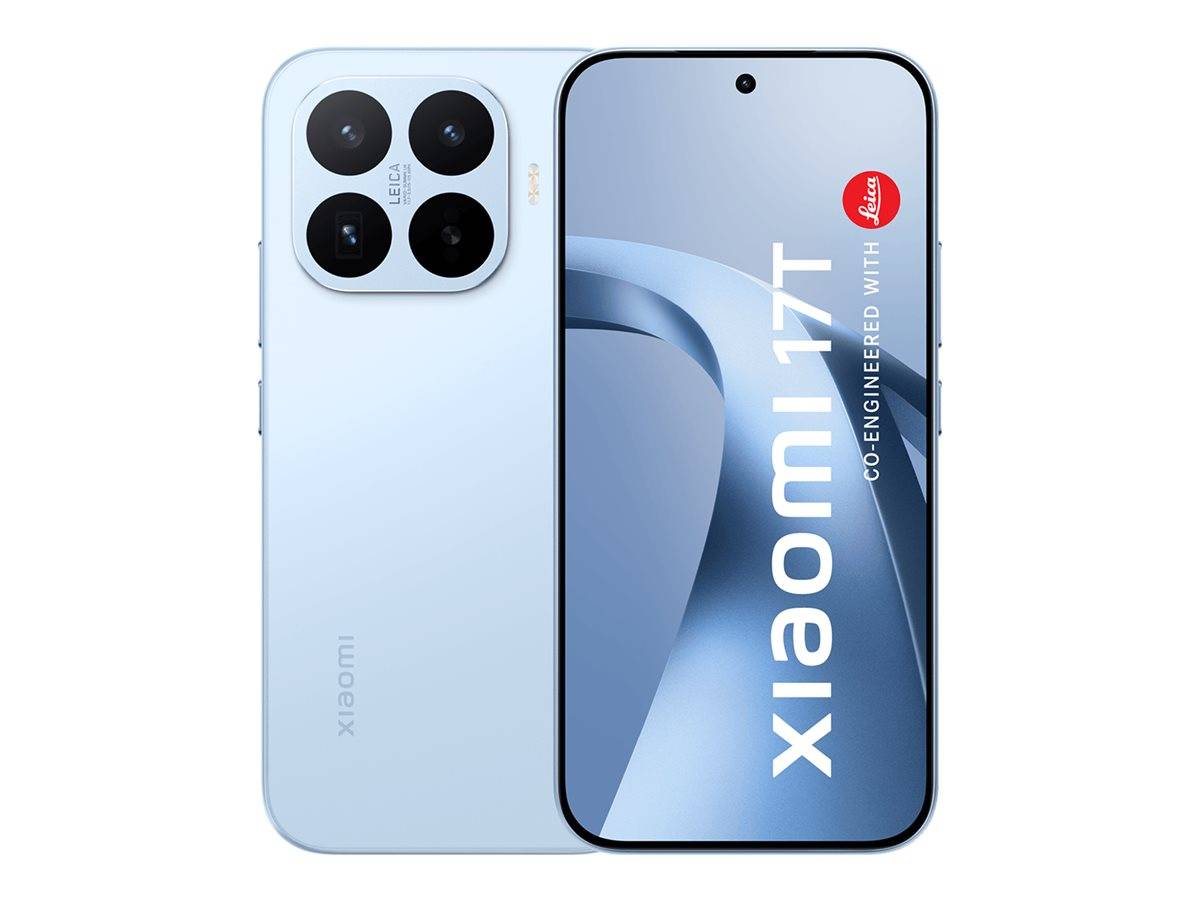 Vorder- und Rückansicht eines hellblauen Xiaomi 17T-Smartphones, mit einem großen Quad-Kamera-Modul und einem Bildschirm mit 