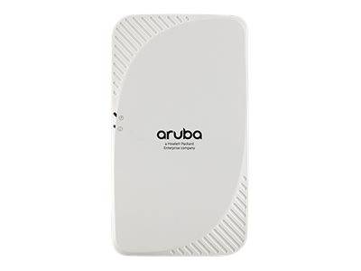 Weißes Aruba-Wireless-Zugriffspunktgerät mit abgerundeter rechteckiger Gehäuseverkleidung und zentriertem Aruba-Logo auf der Vorderseite.