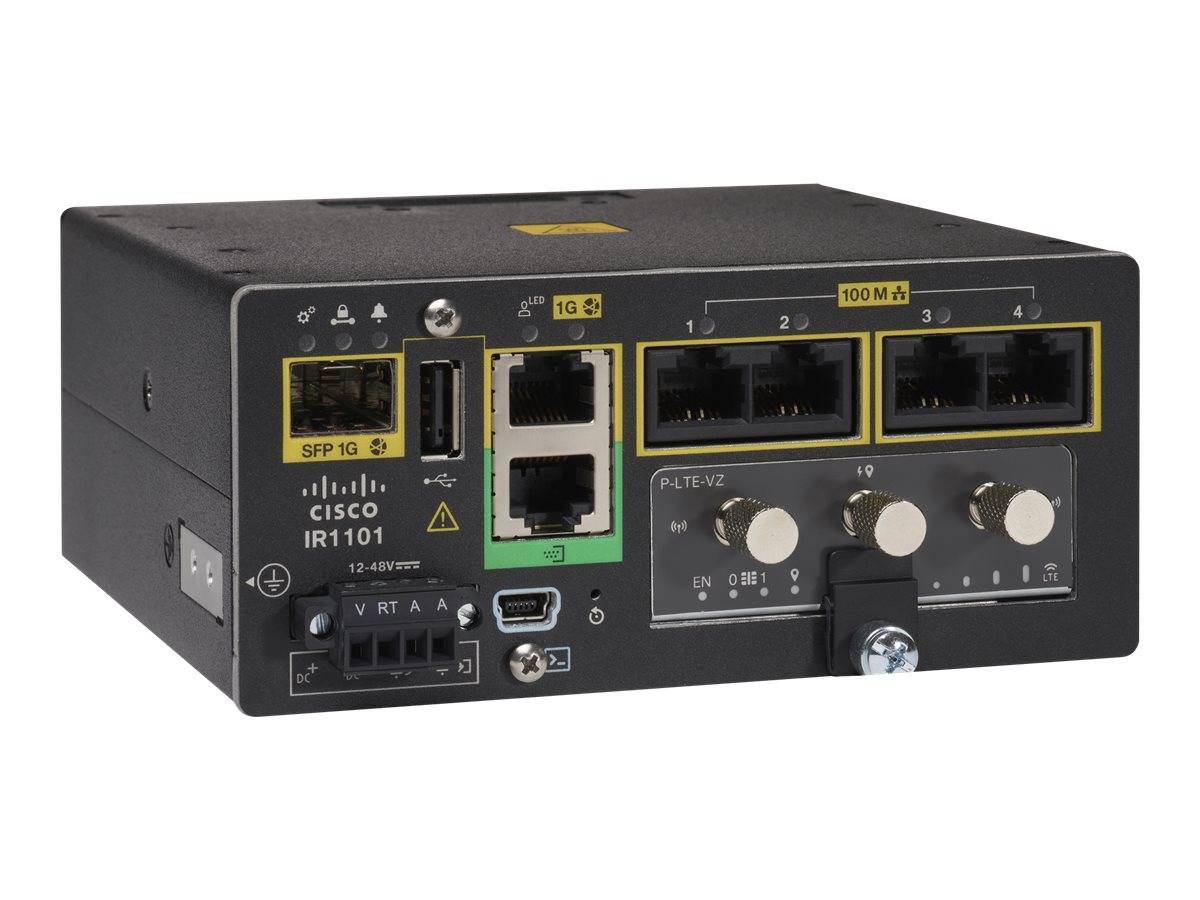 Vorderansicht eines Cisco IR1101 Industrial Routers mit gekennzeichneten Ethernet-, SFP-, USB- und Stromanschlüssen auf einem schwarzen Metallgehäuse.