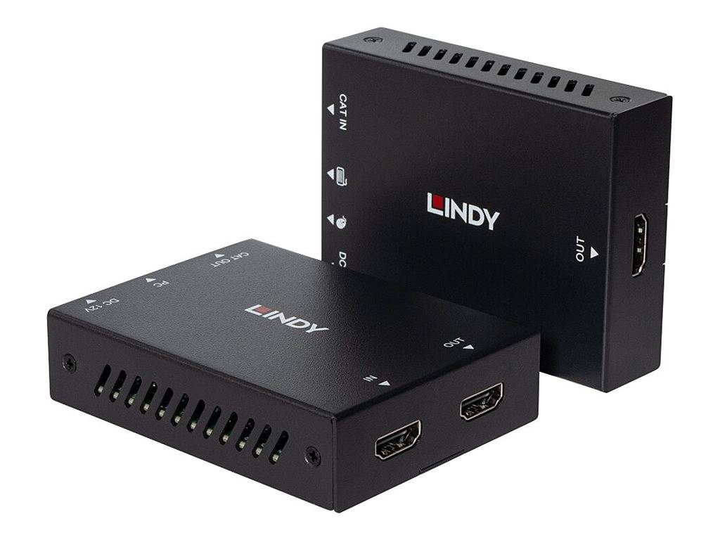 Zwei schwarze Lindy HDMI-Geräteboxen auf weißem Hintergrund, eine mit CAT 5 IN- und OUT-Anschlüssen und die andere mit zwei HDMI-Anschlüssen.