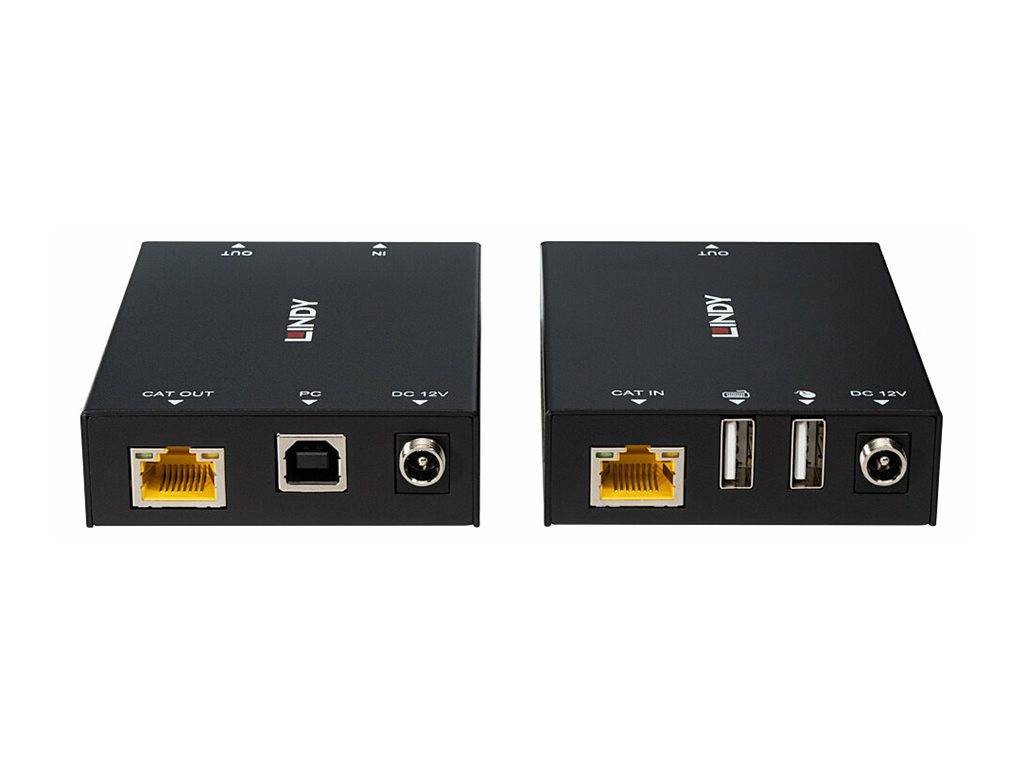 Zwei schwarze Lindy-Netzwerk-Extender oder -Adapter, nebeneinander dargestellt, jeder mit einem Ethernet-Port und Stromanschluss, einer mit einem USB-Port und der andere mit zwei USB-Ports.