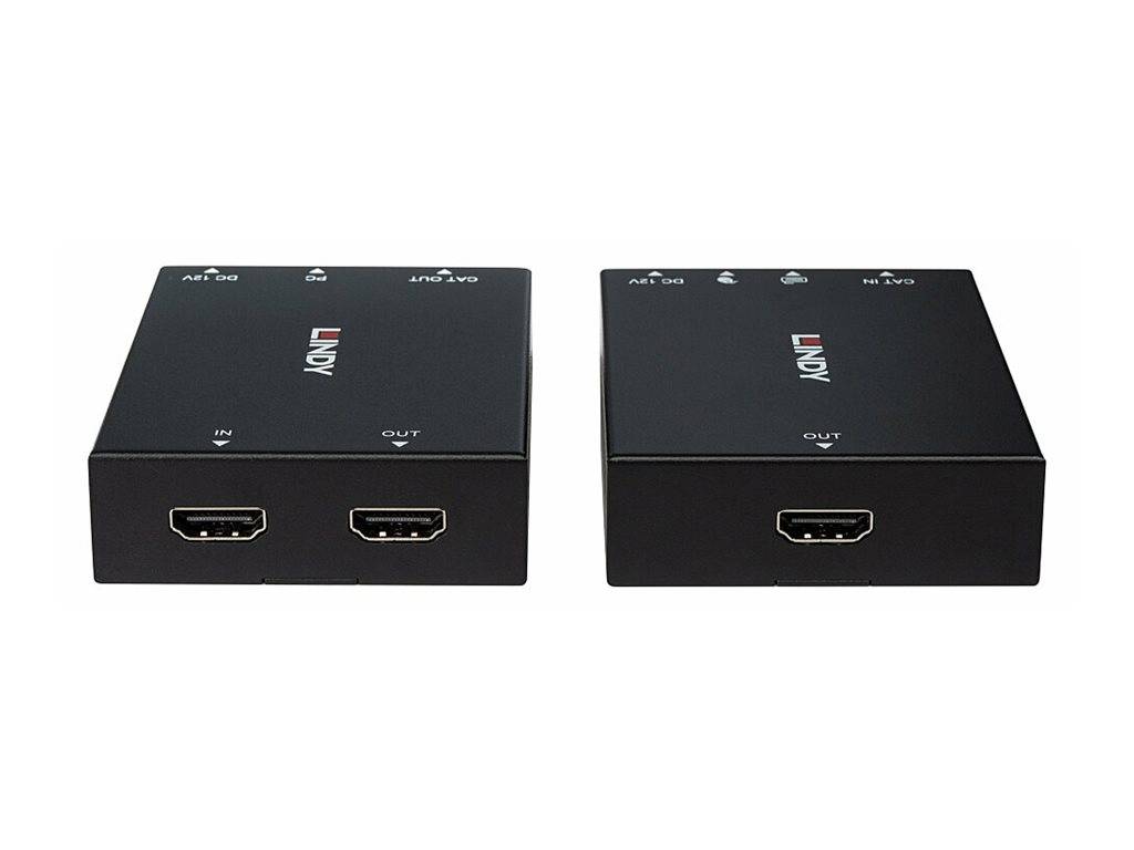 Zwei schwarze LINDY HDMI-Schaltkästen auf weißem Hintergrund, einer mit zwei HDMI-Eingängen und einem Ausgang, der andere mit einem HDMI-Ausgangsport.