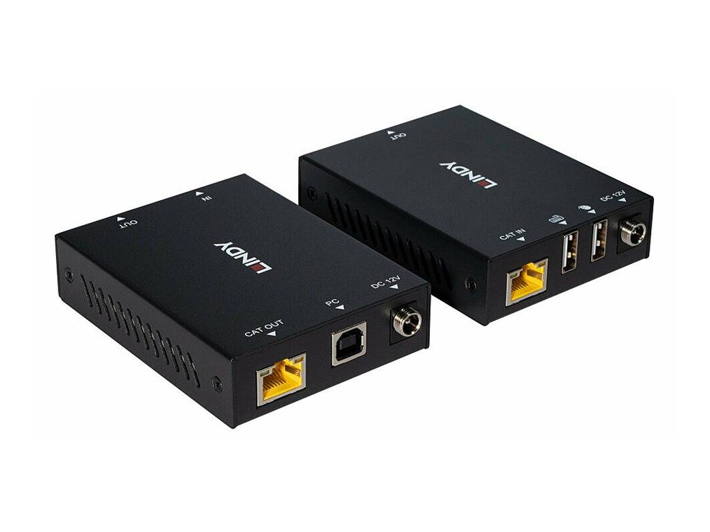 Zwei schwarze LINOVY Media-Converter-Boxen auf Weiß, jeweils mit Ethernet-, USB- und Koaxialanschlüssen zum Verbinden von CAT-Kabeln mit anderen Geräten.