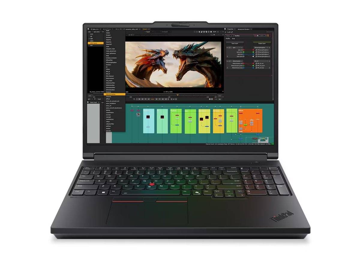 Ein Lenovo ThinkPad-Laptop zeigt Kreativsoftware mit einer Drachen-Kunstwerk-Vorschau und einem mehrfarbigen Zeitleisten- oder Bearbeitungsfenster an.