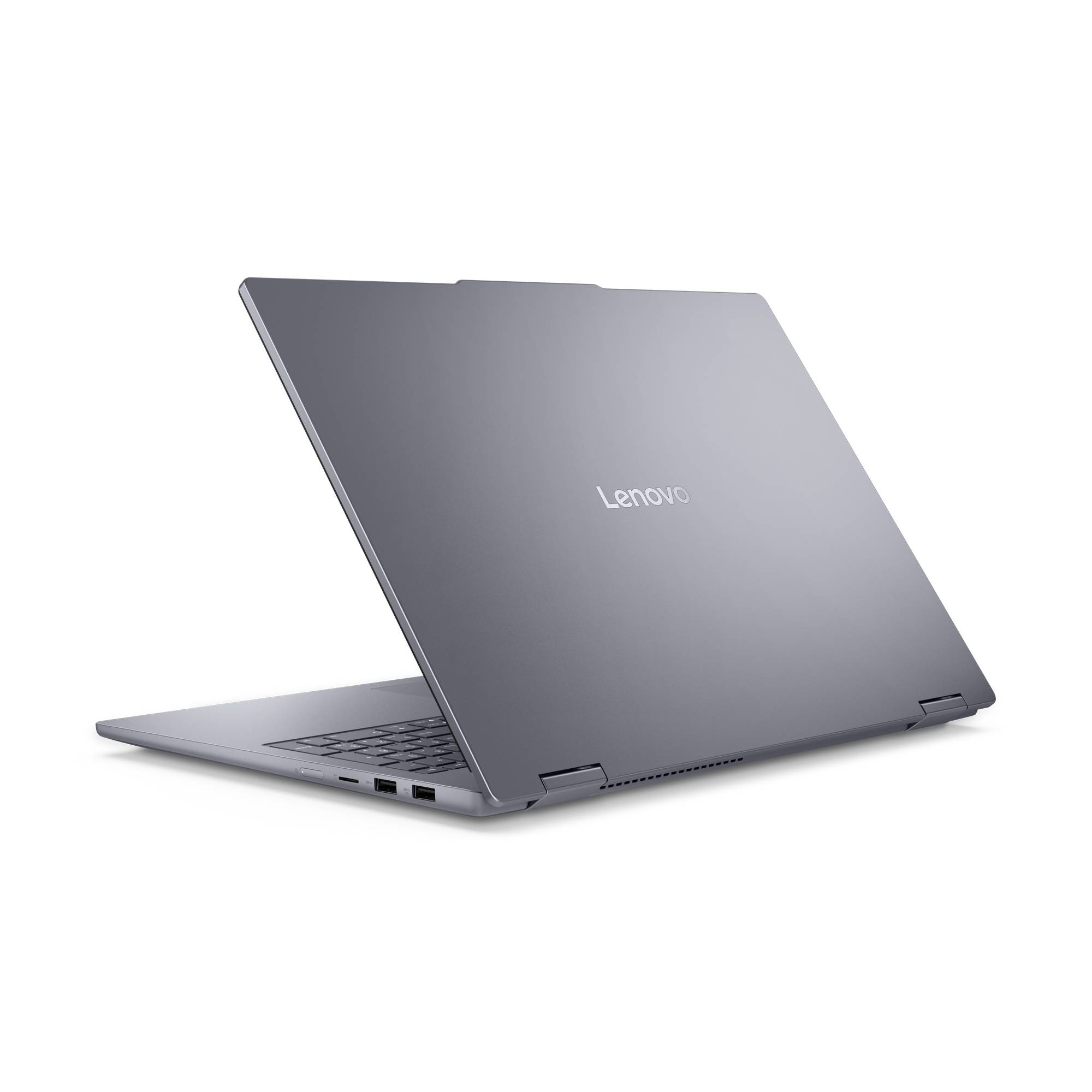 Grauer Lenovo-Laptop, teilweise geöffnet auf weißem Hintergrund, von der hinteren linken Seite aus betrachtet.