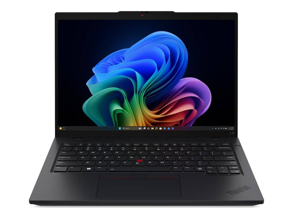 Ein schwarzer Lenovo ThinkPad Laptop, der auf weißem Hintergrund aufgeklappt ist und ein farbenfrohes abstraktes Windows 11-ähnliches Hintergrundbild auf dem Bildschirm zeigt.