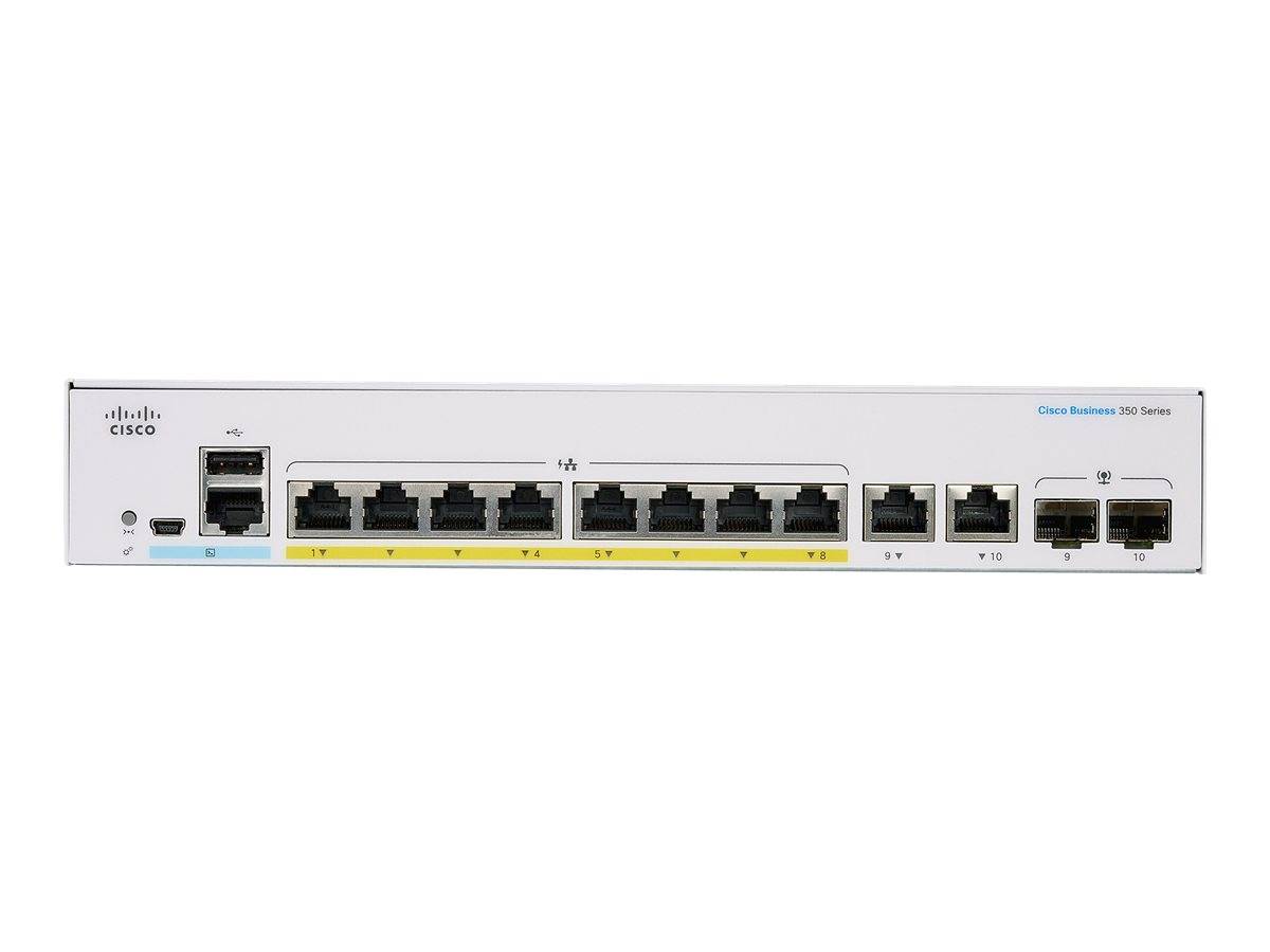 Vorderansicht eines Cisco Business 350 Series Netzwerk-Switches mit mehreren Ethernet-Anschlüssen und beschrifteten Statusanzeigen.