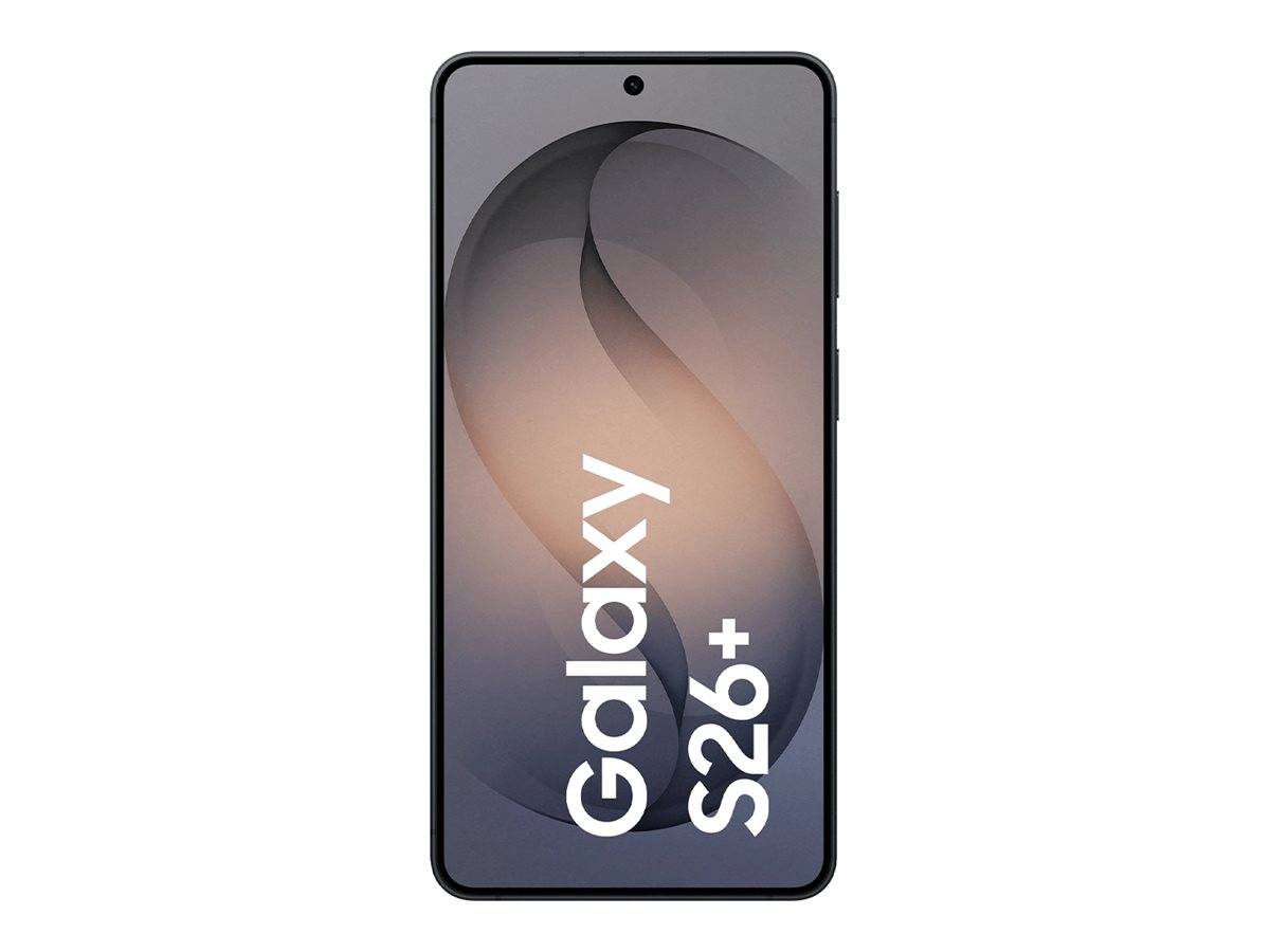 Vorderansicht eines Samsung Galaxy S26+ Smartphones mit dem Modellnamen auf dem Bildschirm angezeigt.