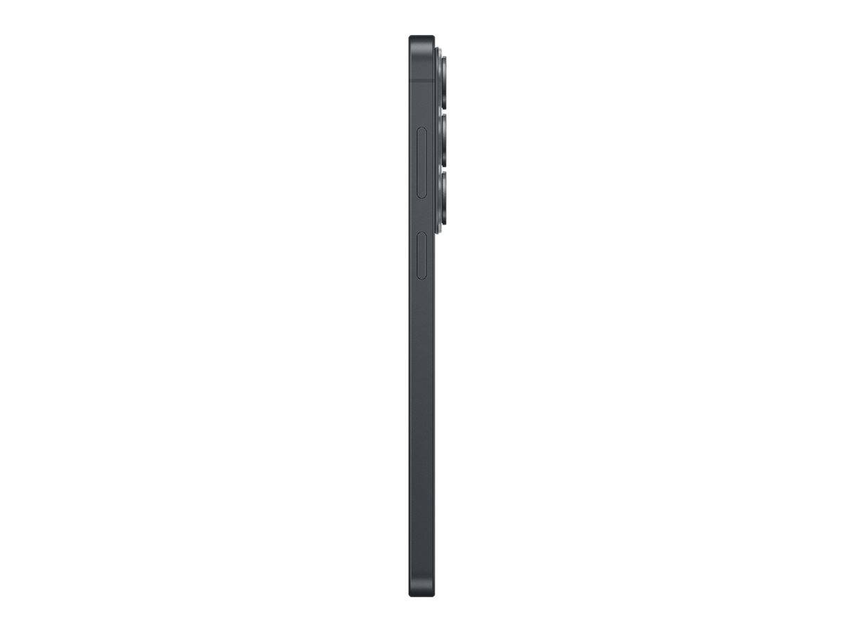 Seitenansicht eines schlanken schwarzen Smartphones, die das dünne Profil und die erhöhte rückseitige Kamera zeigt.