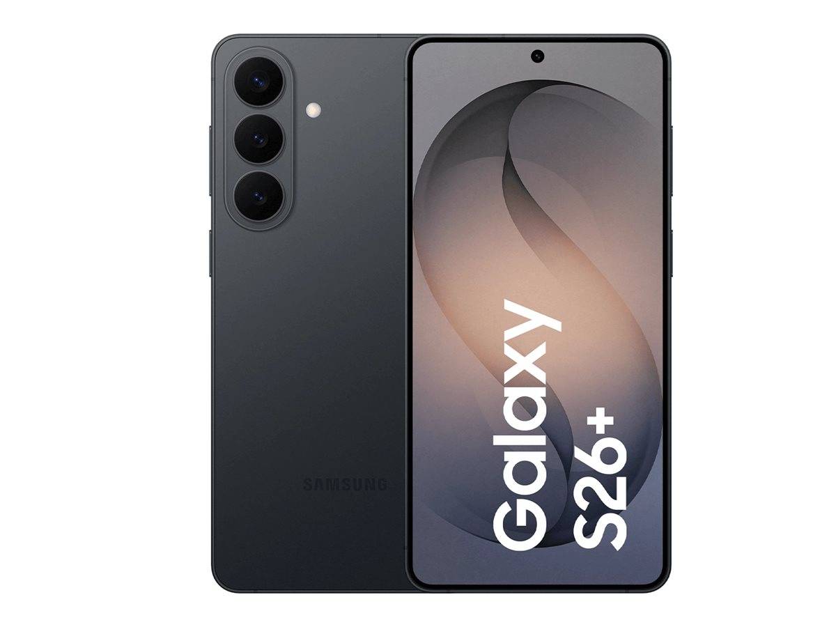 Vorder- und Rückansicht eines schwarzen Samsung Galaxy S26+ Smartphones mit dreifacher Rückkamera und "Galaxy S26+"" auf dem Bildschirm.