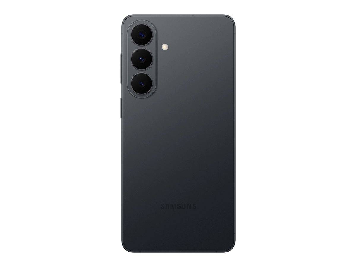 Rückansicht eines schwarzen Samsung-Smartphones mit dreifacher Rückkamera in einem vertikalen Modul und einem kleinen Blitz oben links.