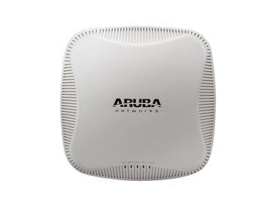 Weißer Aruba Networks WLAN-Zugangspunkt mit abgerundetem quadratischem Design auf einfachem Hintergrund.