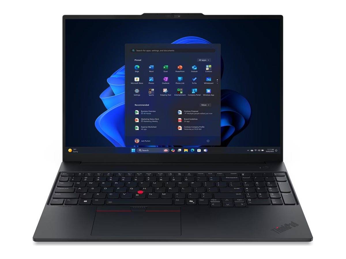 Schwarzer Lenovo ThinkPad-Laptop, auf dem das Windows 11-Startmenü angezeigt wird.