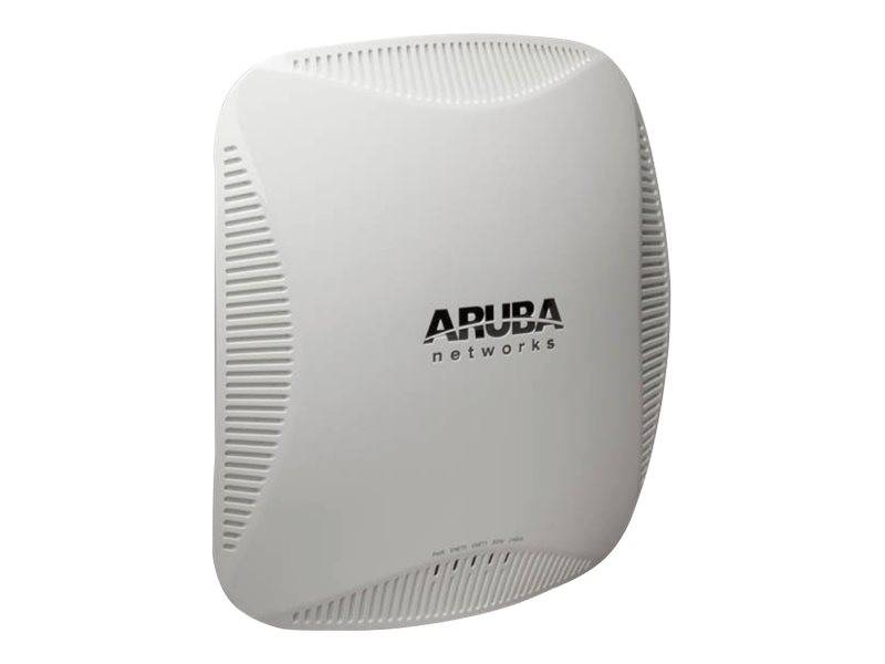 Weiße Aruba Networks Wireless Access Point mit belüfteten Seiten, frontal gegen einen einfachen Hintergrund dargestellt.