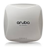 Vorderansicht eines Aruba Networks-Wireless-Zugangspunkts, ein quadratisches weißes Gerät mit Belüftungsschlitzen und zentriertem Logo auf dem Gehäuse.