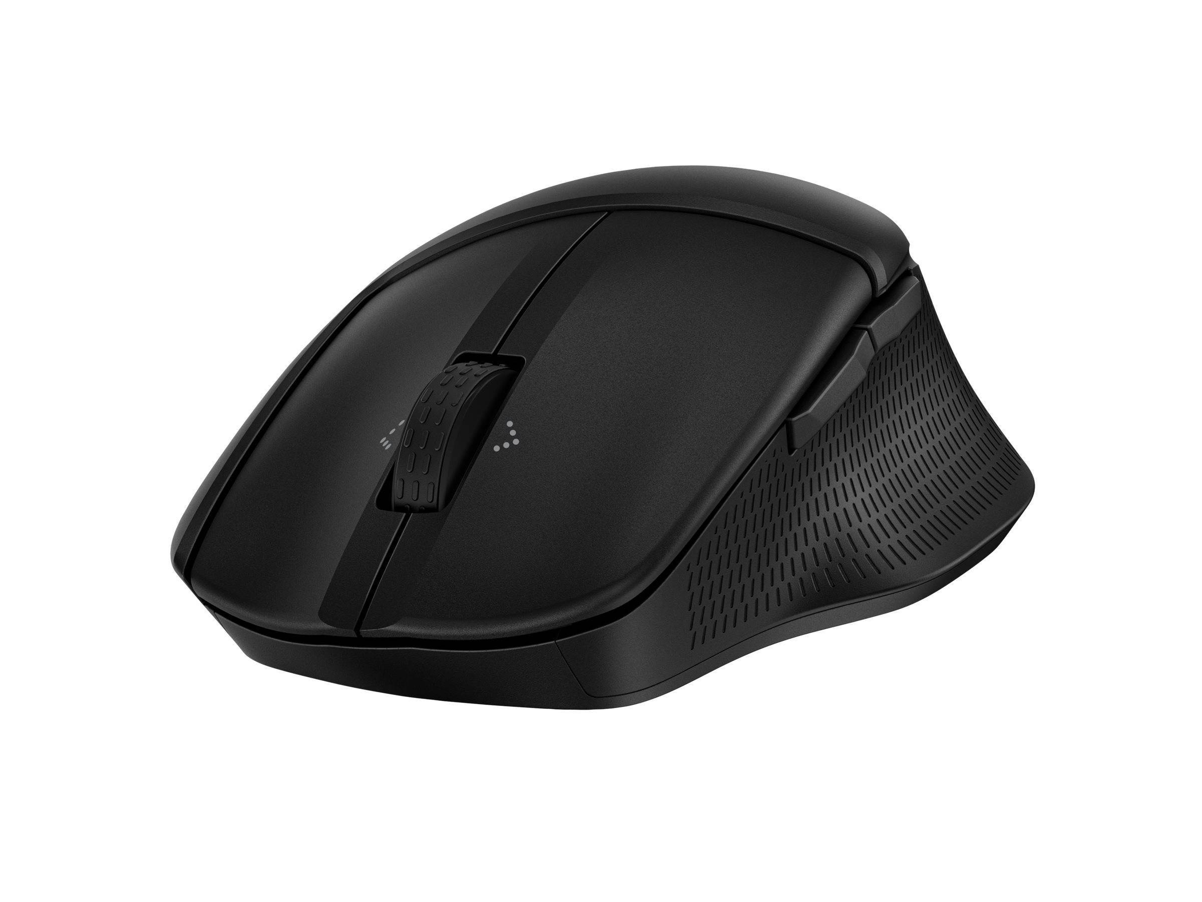 Schwarze drahtlose Computermaus mit Scrollrad, dargestellt auf einem einfachen weißen Hintergrund.