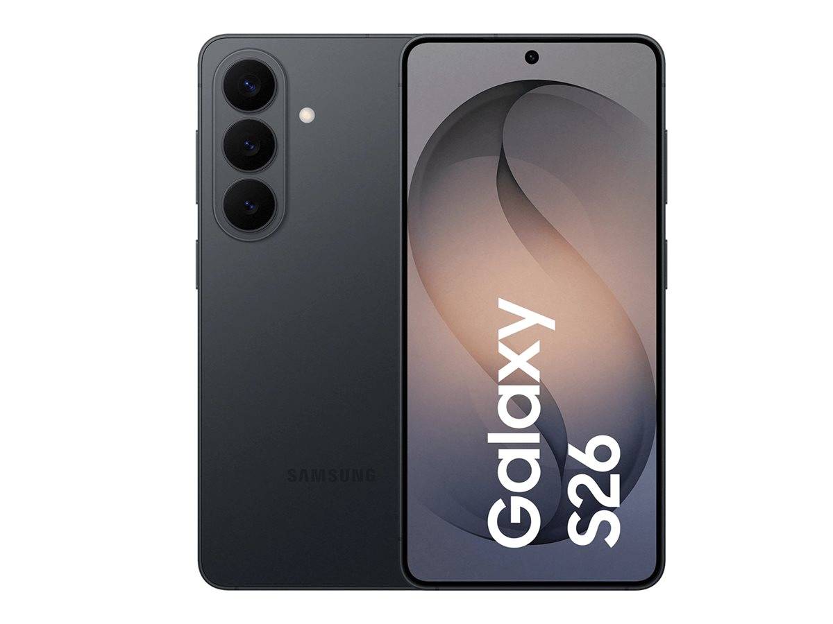 Samsung Galaxy S26 Smartphone von vorne und hinten gezeigt, mit dreifacher hinterer Kameraausstattung und einem zentrierten Punch-Hole-Display, das "Galaxy S26"" anzeigt.
