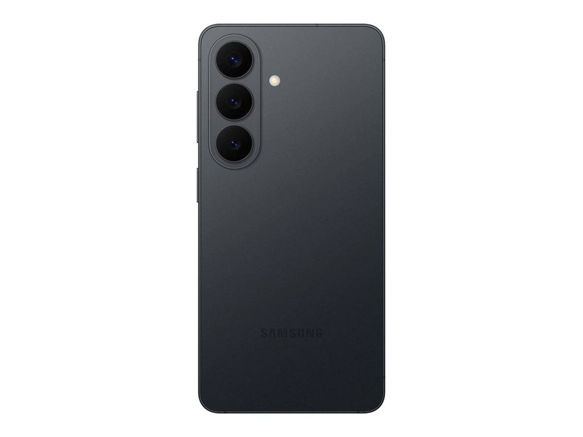 Rückansicht eines dunklen Samsung-Smartphones mit einem vertikalen Triple-Kamera-Modul und Blitz auf der Rückseite.