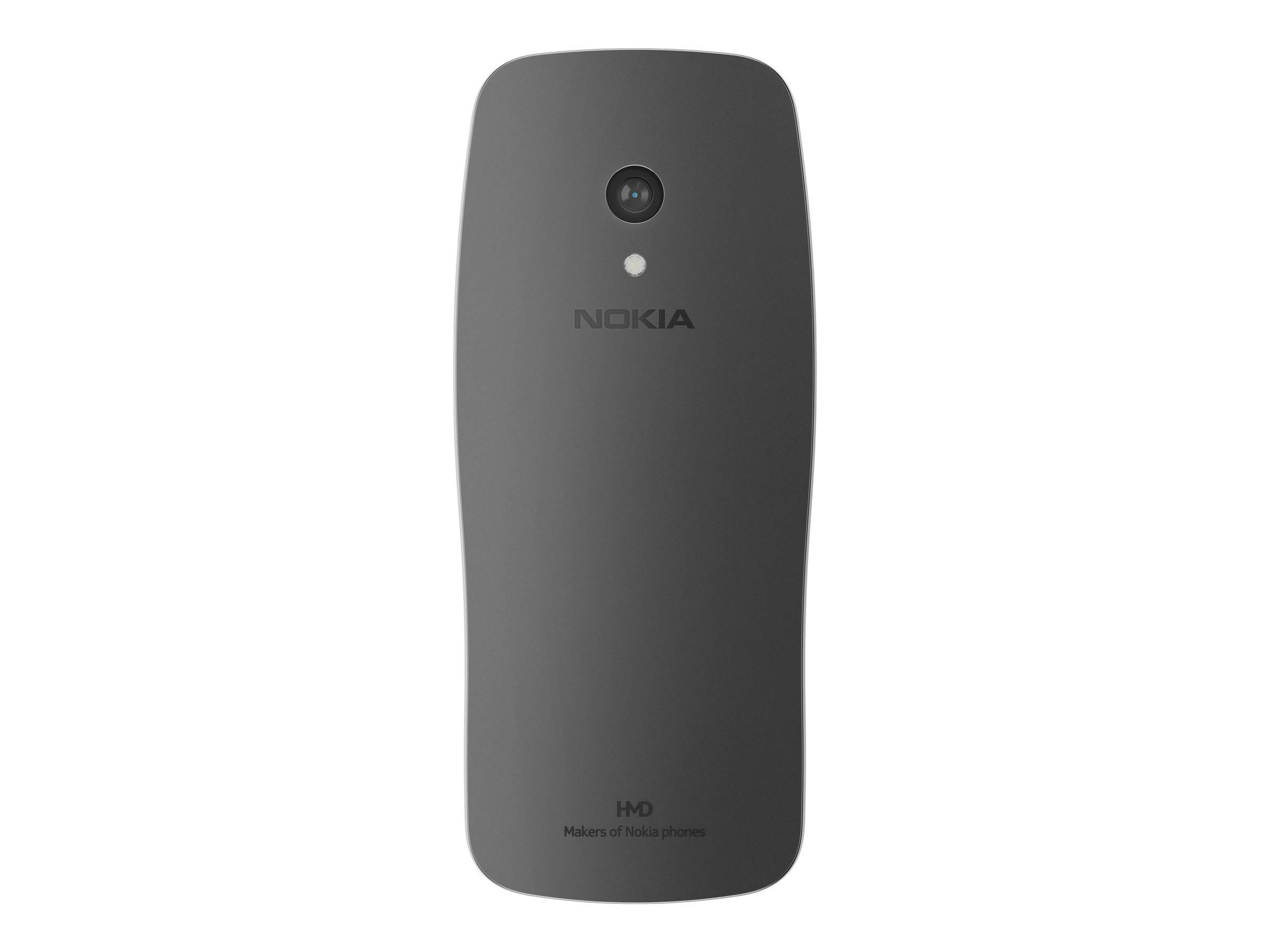 Rückansicht eines grauen Nokia H10 Mobiltelefons mit rückseitiger Kamera und Blitz auf weißem Hintergrund.