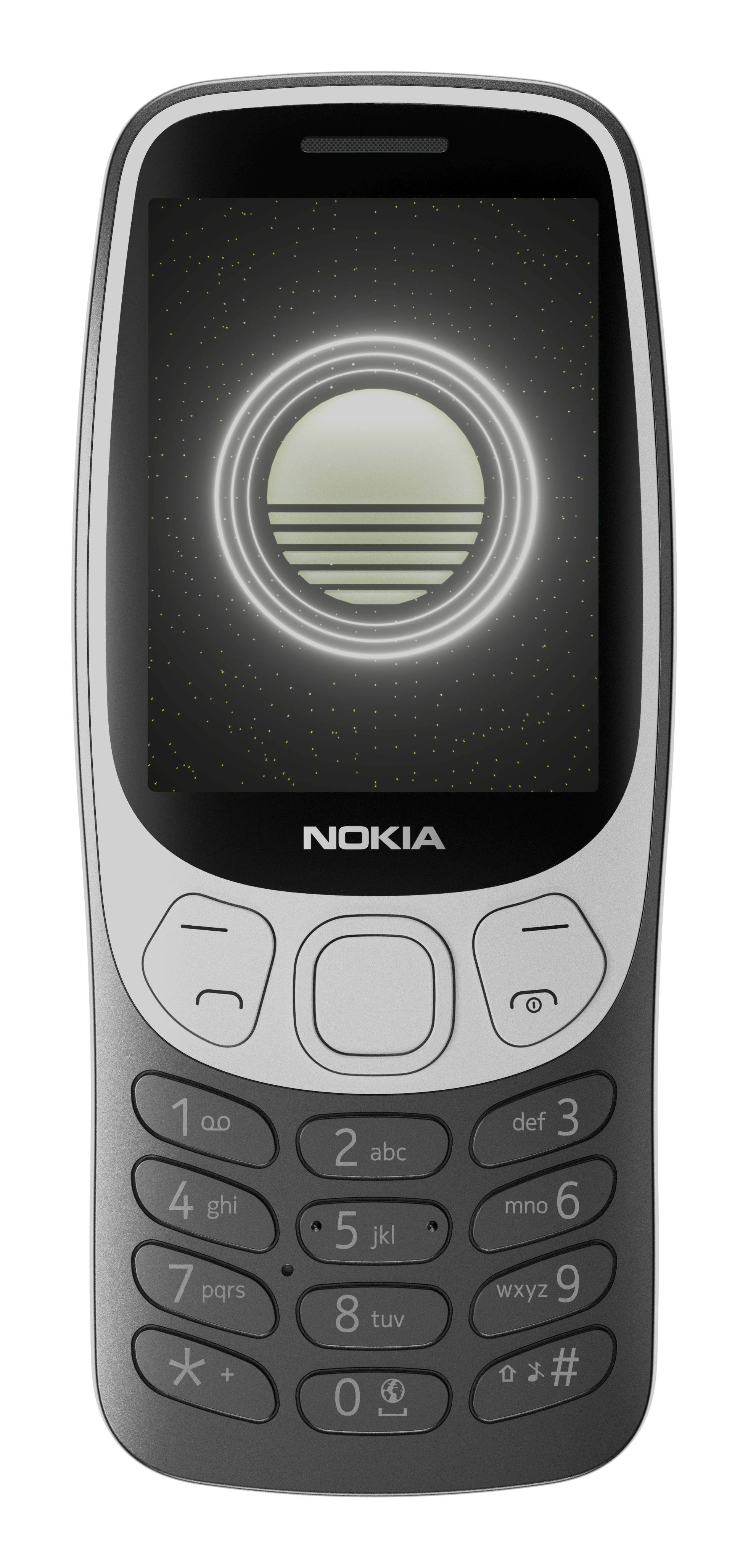 Vorderansicht eines Nokia-Mobiltelefons in Candy-Bar-Form mit Tastatur und kreisförmiger Bildschirmgrafik.
