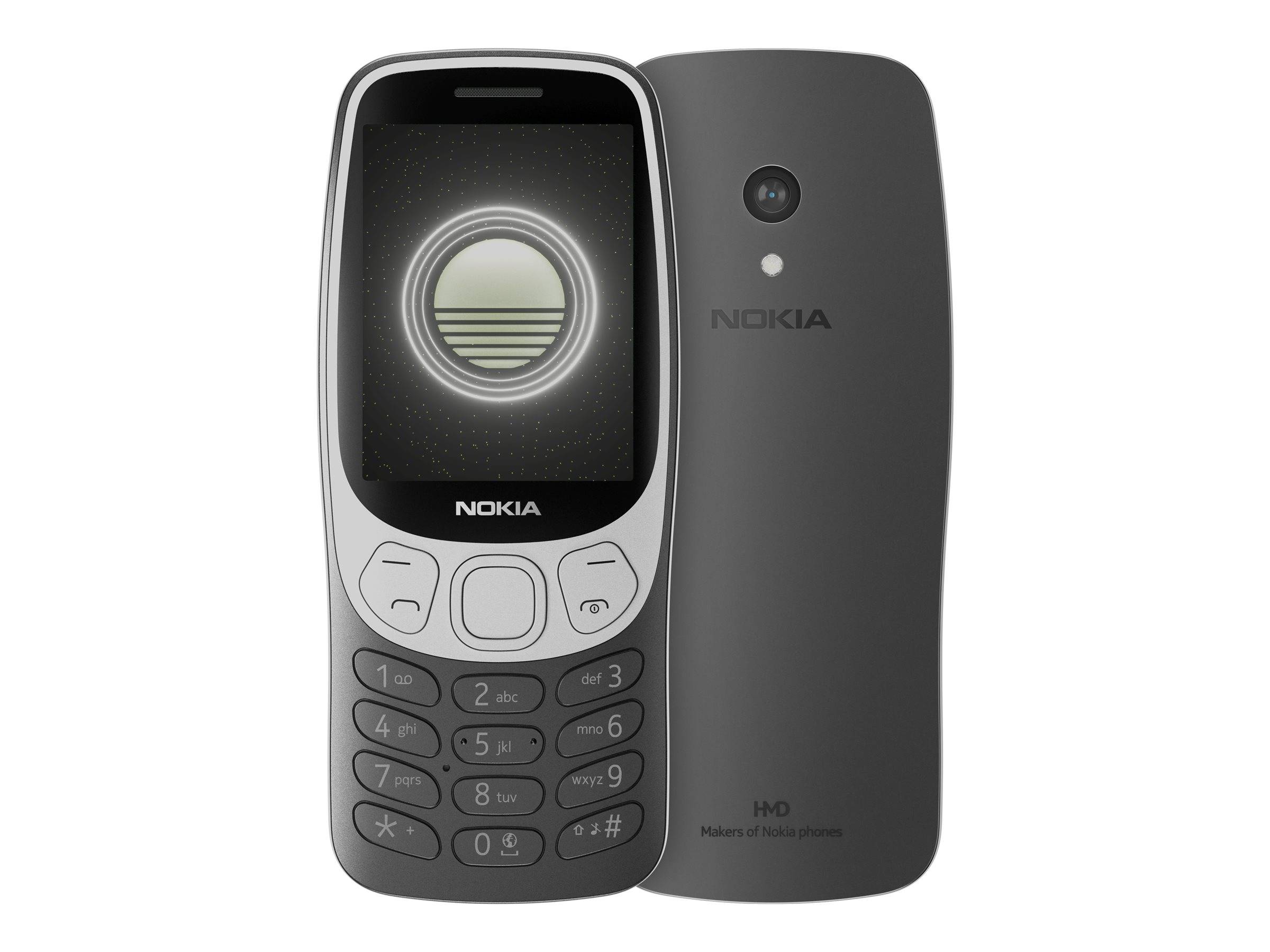 Vorder- und Rückseiten eines grauen Nokia-Mobiltelefons mit kleinem Display, Tastatur, Kamera und 