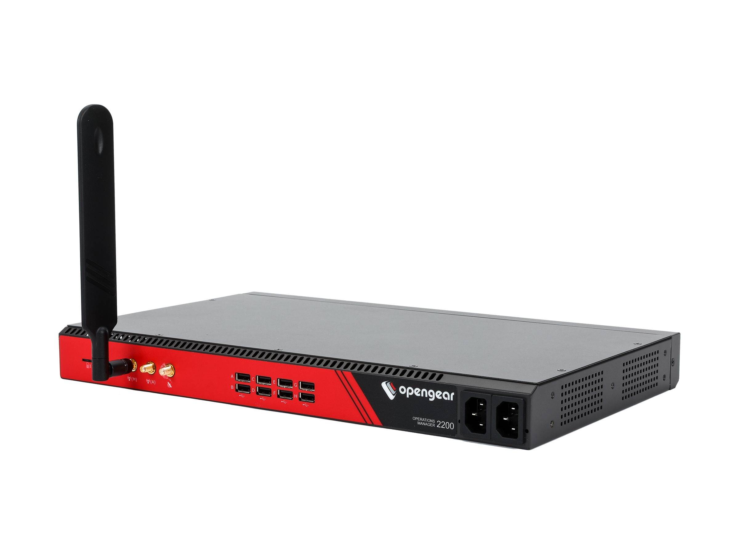 Opengear Rack-mounted Netzwerkgerät mit schwarzer Antenne und rotem Frontpanel, dargestellt auf weißem Hintergrund.