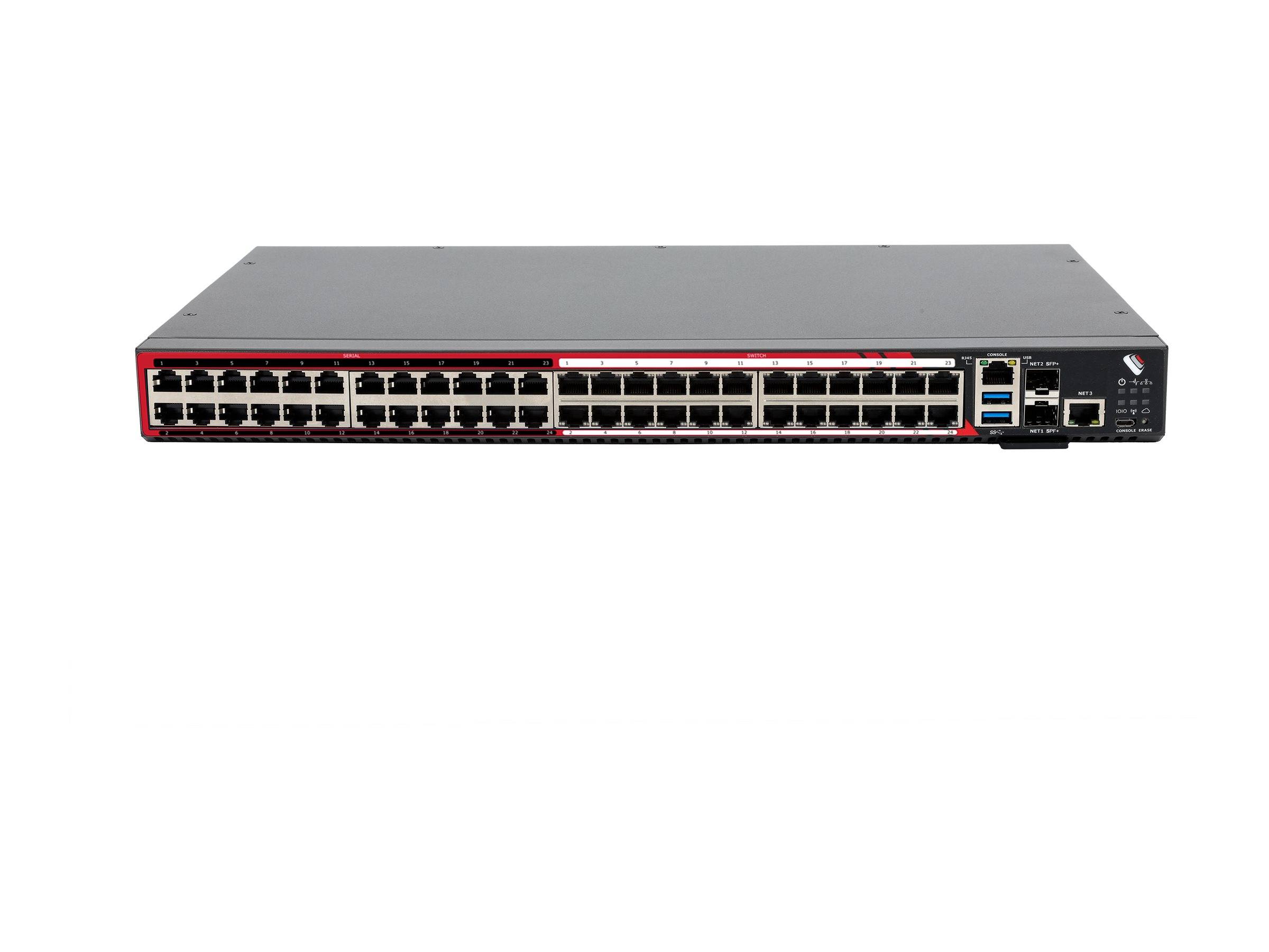Frontansicht eines 48-Port-Netzwerk-Switches mit zwei USB-Ports und einem Ethernet-Verwaltungsport auf der rechten Seite