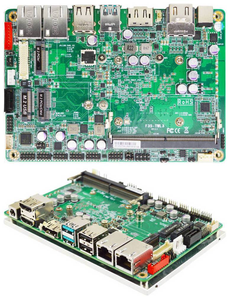 Ober- und Schrägansichten eines grünen Mini-ITX-Computer-Mainboards mit CPU-Sockel, RAM-Slot, mehreren USB- und Ethernet-Anschlüssen sowie Steckverbindern.
