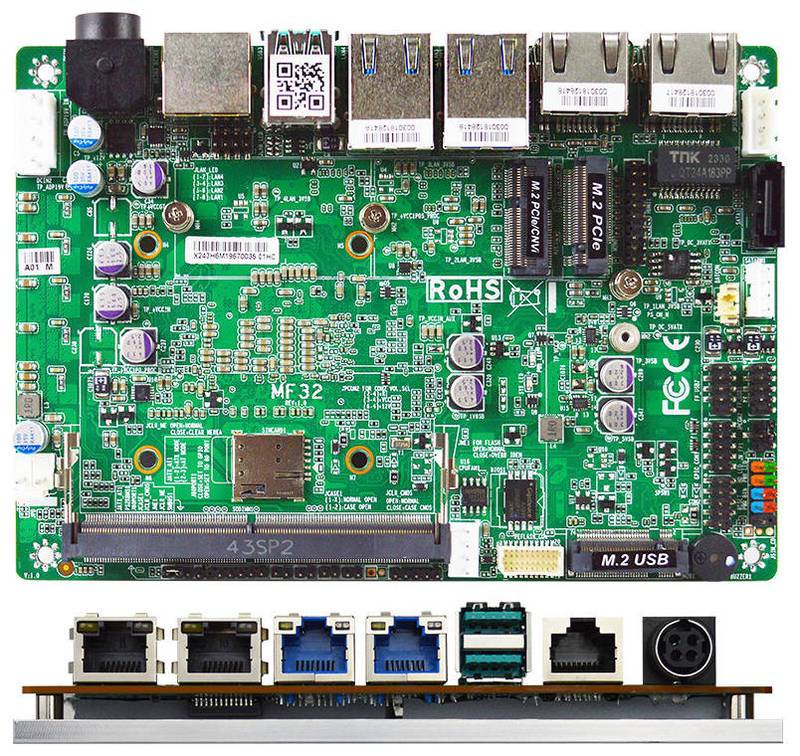 Grüne Industrieleiterplatte Hauptplatine mit mehreren USB-, Ethernet-, HDMI-, M.2- und Stromversorgungsanschlüssen in Vorder- und Seitenansicht dargestellt.