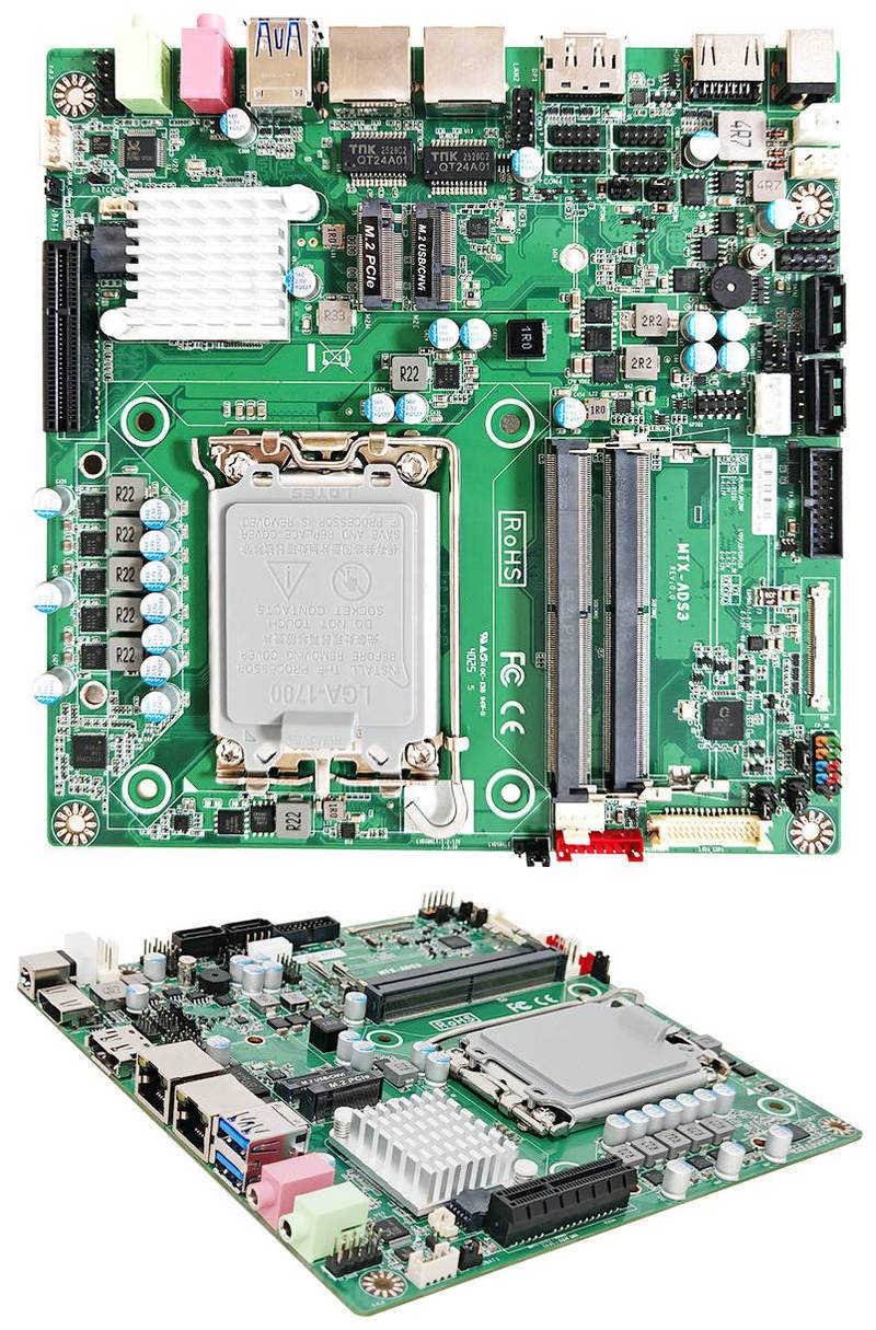 Computerhauptplatine in Draufsicht und schrägem Winkel dargestellt, mit CPU-Sockel, RAM-Steckplätzen, Erweiterungsanschlüssen und Kühlkörpern.