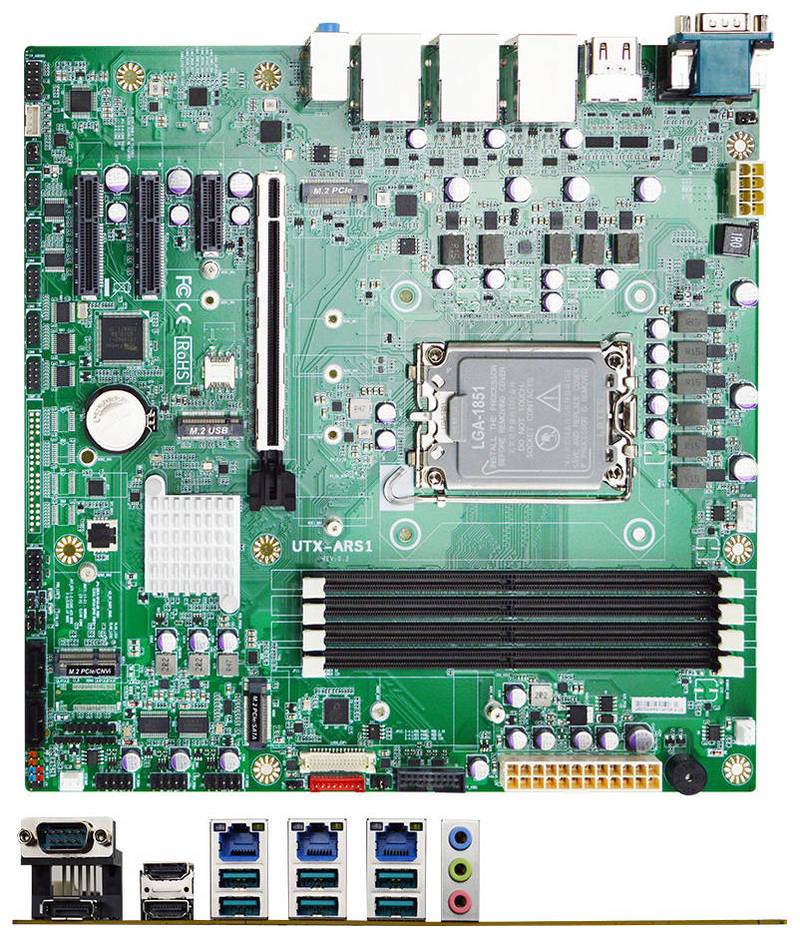 Motherboard mit CPU-Sockel und RAM-Steckplätzen, mit Rückseiten-I/O-Panel darunter dargestellt; Anschlüsse umfassen USB, Ethernet, VGA, Audio und Display-Anschlüsse.