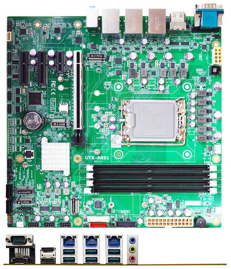 Computermainboard mit CPU-Sockel, vier RAM-Steckplätzen, Erweiterungssteckplätzen und hinteren Ein-/Ausgabeanschlüssen, wie nachfolgend dargestellt, zur Veranschaulichung des Boardlayouts und der Konnektivität.