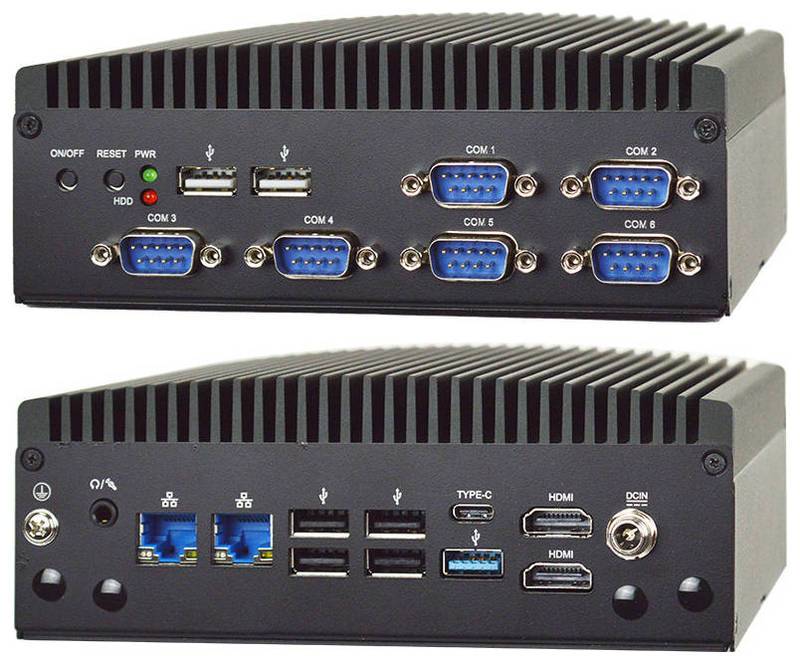 Vorder- und Rückansicht eines kompakten industriellen Mini-PCs mit mehreren seriellen COM-Anschlüssen, USB-Anschlüssen, Ethernet-Buchsen, HDMI, USB-C und Stromeingang.